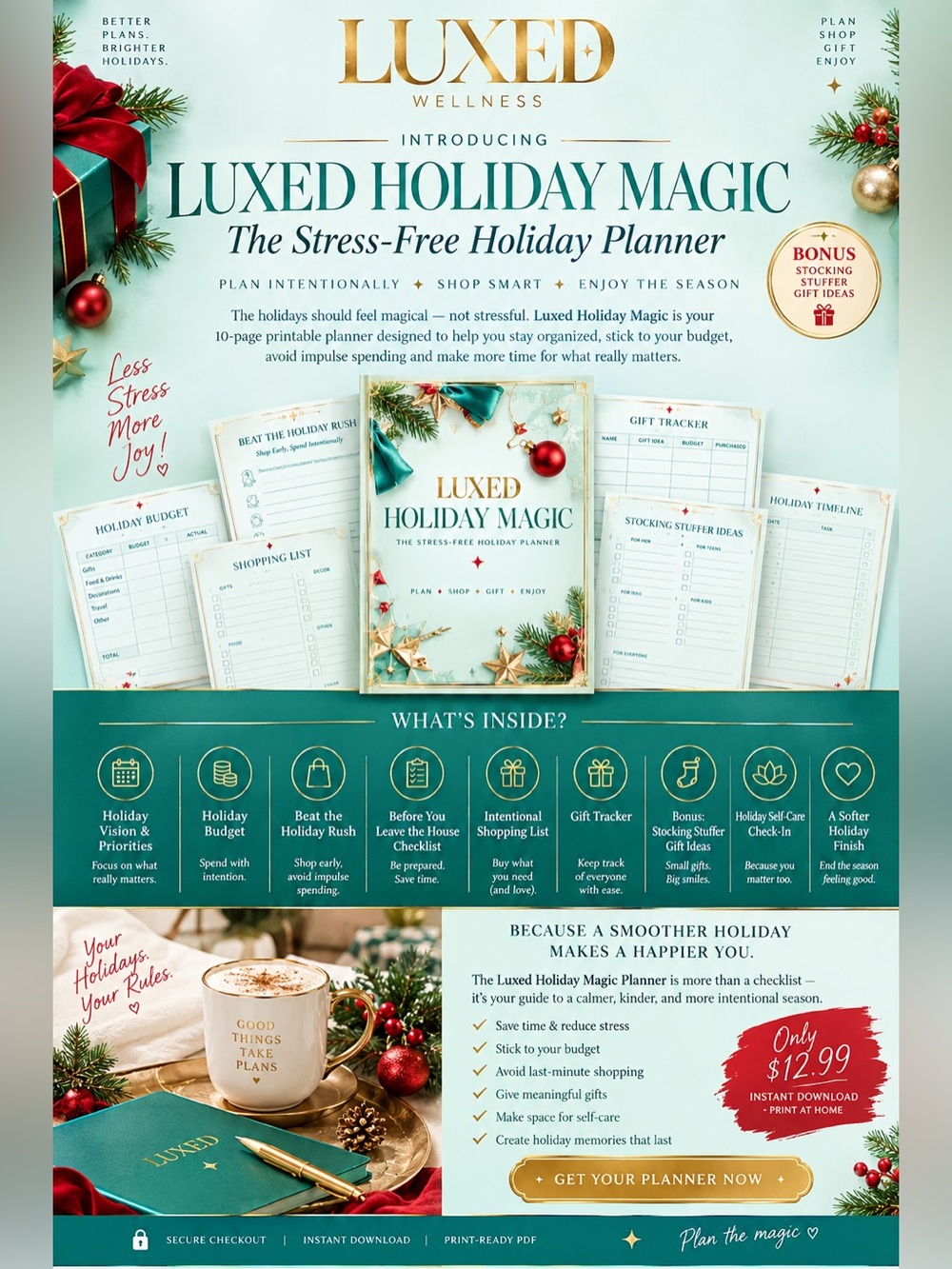 Luxe Holiday Magic Planner - Teal and Gold Cover